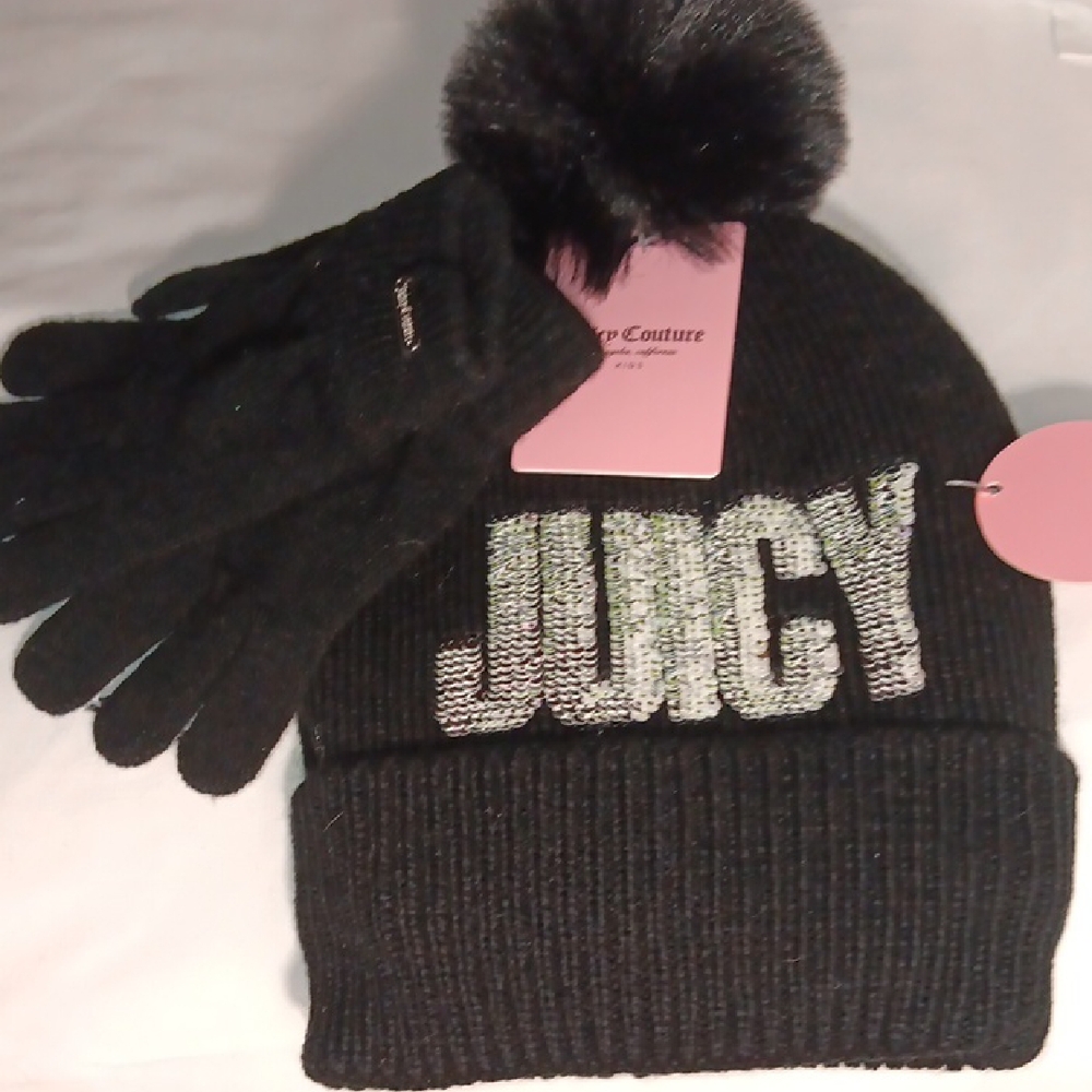 JUICY COUTURE BLACK &  PINK  HAT GLOVES SEQUEN POMPON SET